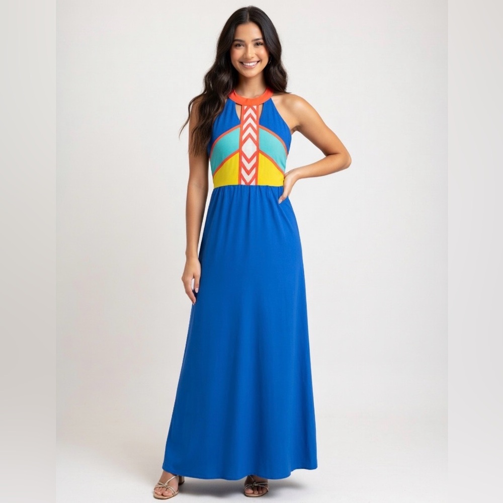 Gianni Bini Royal Blue Halter‎ Maxi Dress Small | Neon Geometric Print